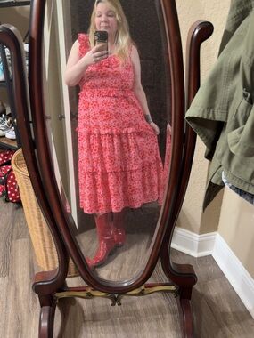 J Crew Red Floral Tiered Ruffle Midi Dress size 12